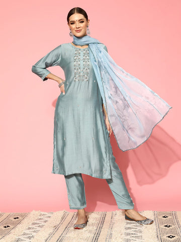 Varanga Women Blue Round Neck Embroidered Straight Kurta Paired With Tonal Bottom And Printed Dupatta